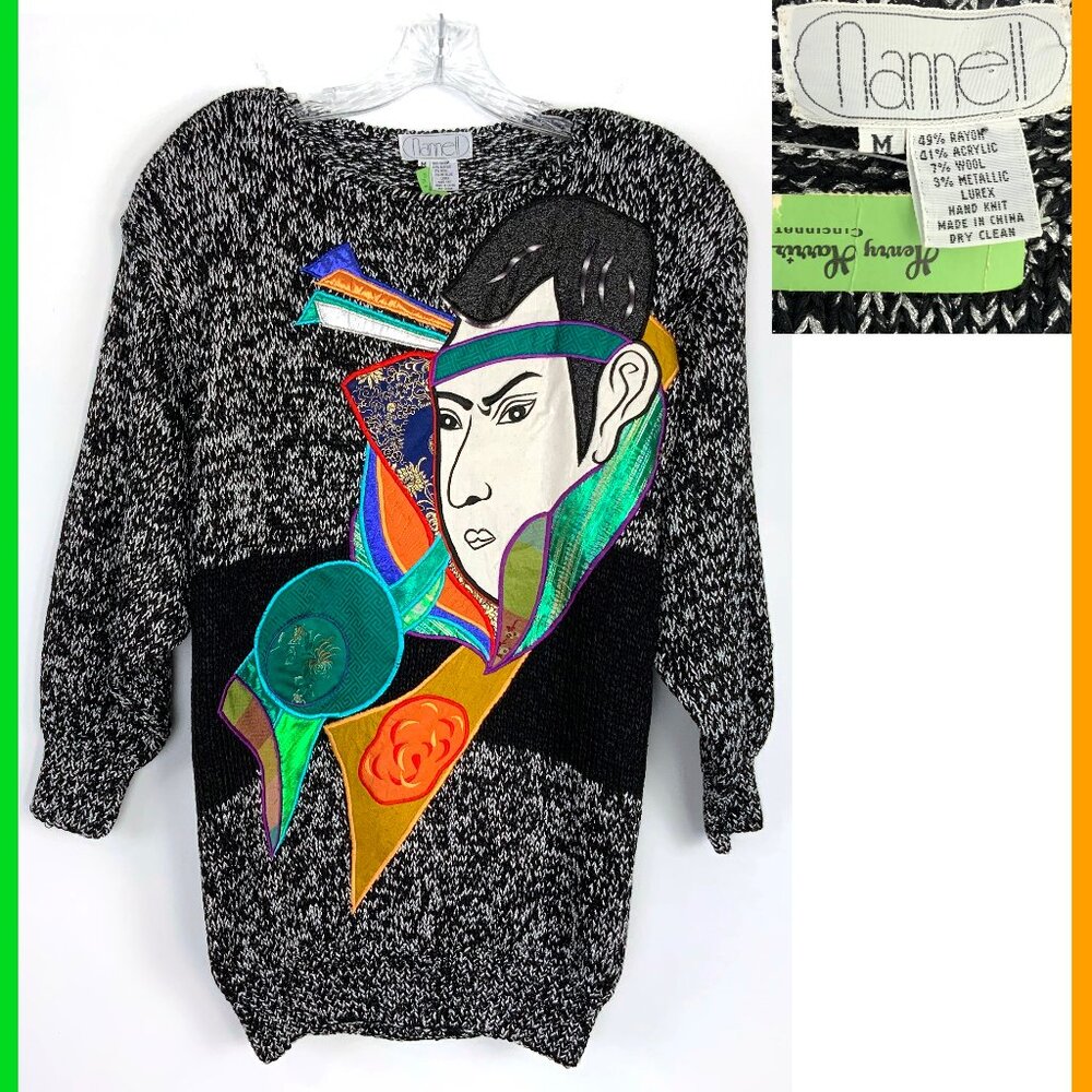 Vintage Nannell Women's Asian Motif Glam Black / Lurex Hand Knit Sweater Sz M
